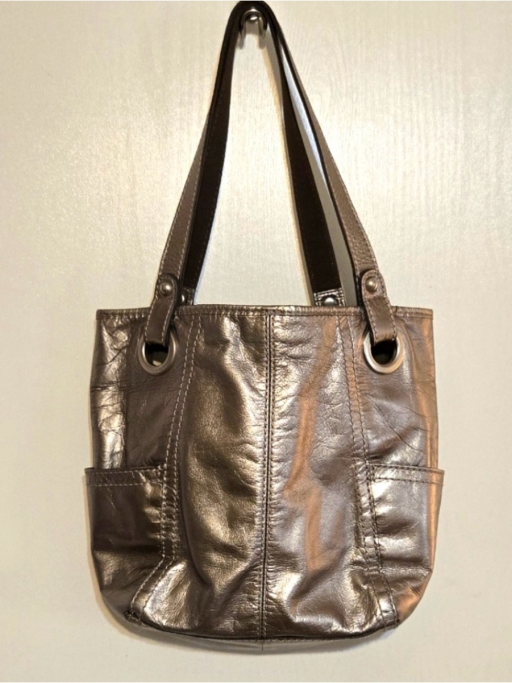 Fossil  Silver Leather Shoulder Bag with Dual  Straps